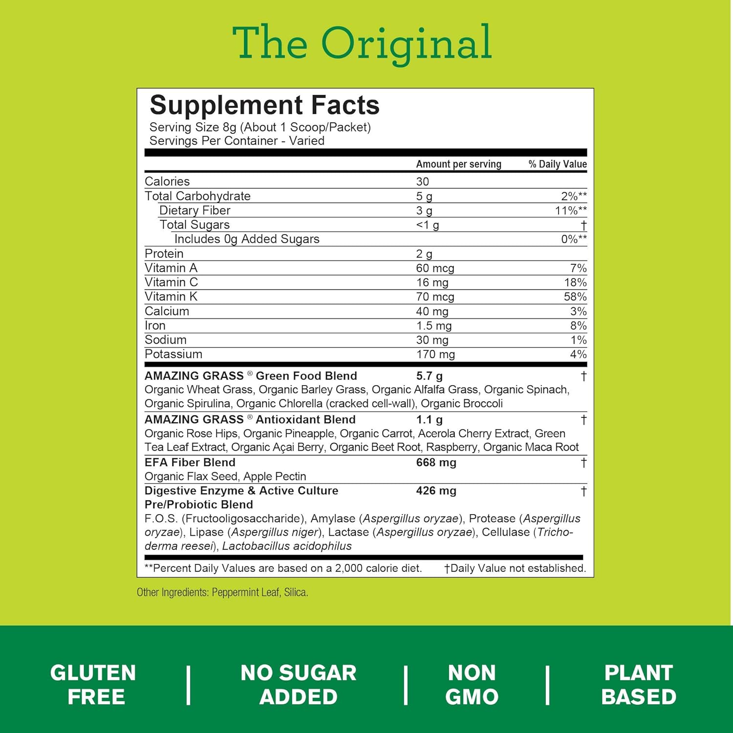 Amazing Grass Green Superfood: Super Greens Powder with Spirulina, Chlorella, Digestive Enzymes & Probiotics, Original, 60 Servings : Herbal Supplements : Grocery & Gourmet Food