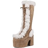 CELNEPHO Knee High Boots For Womens Side Zipper Warm Faux Fur Platform Chunky Heel Punk Goth Walking Winter Snow Boots