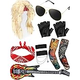 Mepase 80s Rock Costume Set for Women Wig Headband Tattoo Sleeve Gloves Cuff Glasses Inflatable Guitar Punk Rock Party