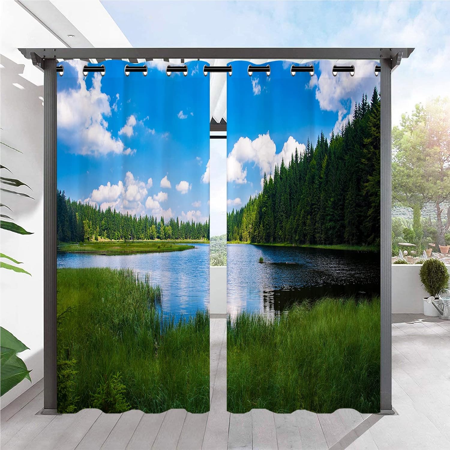 Outdoor Curtains - ANHOPE Outdoor Curtains Waterproof Grommet Curtains Nature Forest Lake Scenery Scene Print Pattern Privacy Outside Curtains for Patio Gazebo Pergola Garden Porch Cabana Pool 2 Panels 36 x 84 Inch