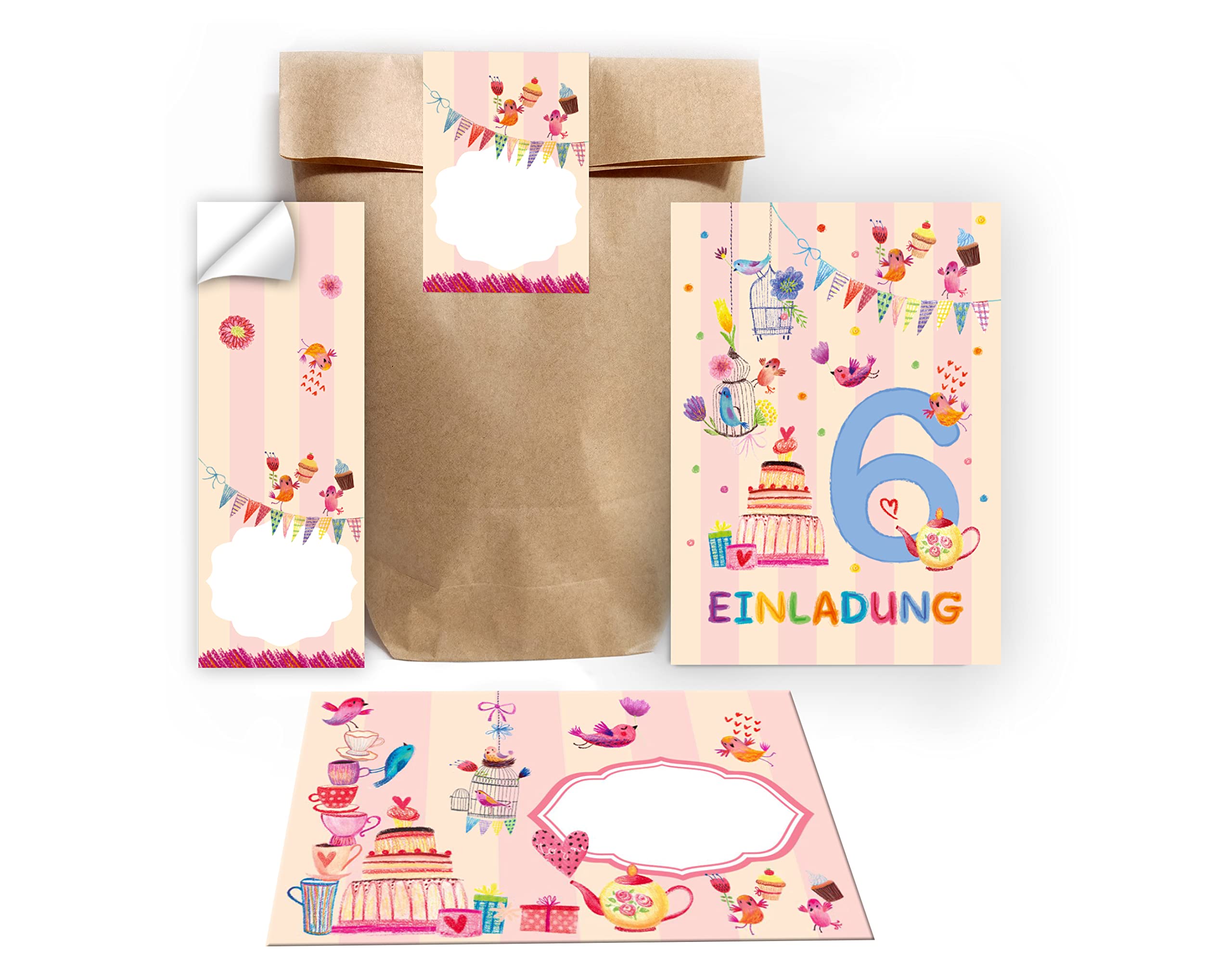 Junapack 12 Invitation Cards for 6th Birthday Party Invitations for Girls Birds with 12 Envelopes, 12 Bags / Natural / 12 Stickers