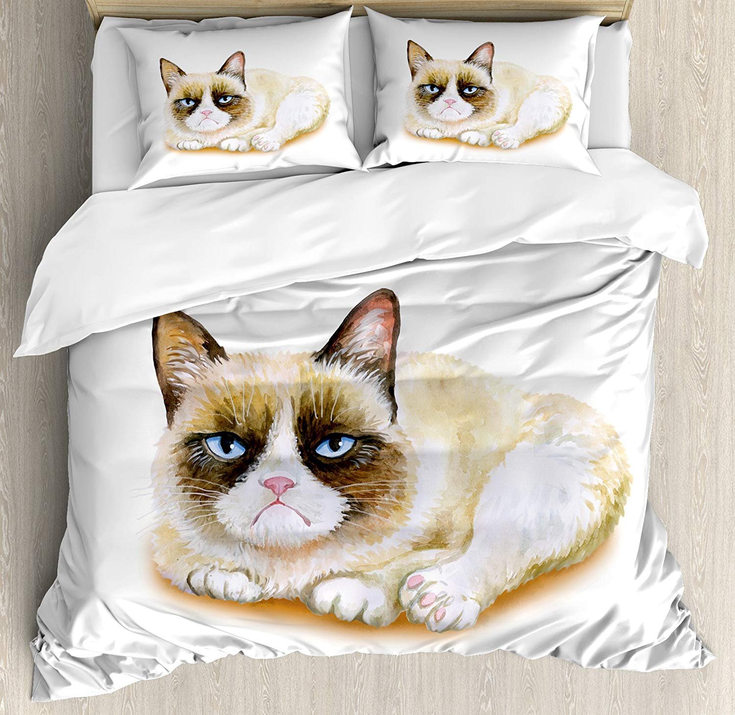 Animal 3 Pieces Duvet Cover Set, Grumpy Siamese Cat Angry Paws Asian Kitten Moody Feline Fluffy Love Art Print, Decorative Bedding Sets, Comforter Cover with 2 Pillow Shams, Brown and Beige，Twin Size
