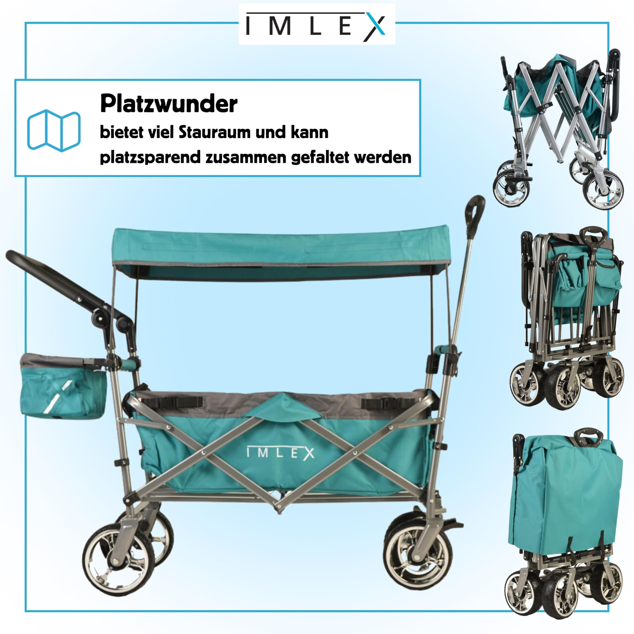 IMLEX Bollerwagen faltbar XXL mit Dach – Handwagen für 2 Kinder bis 80 kg – Schiebegriff & Zugstange – Geländereifen – kompakt klappbar für Strand, Camping, Garten, Zoo & Freizeit IM-4268 Türkis 7