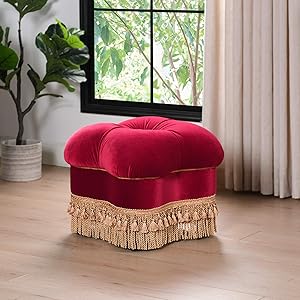 Jennifer Taylor Home Ellen Upholstered Clover Ottoman with Gold Bullion Fringe, Siren Red Performance Velvet