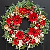 24 Inch Magnolia Christmas Wreath for Front Door, Christmas Wreath with LED Lights, Red Flowers, Red Berries, Pinecones Christmas Decorations,Winter Door Wreath for Wall Window Indoor or Outdoor