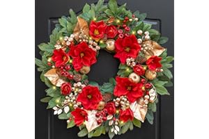 PURECOSY 24 Inch Magnolia Christmas Wreath for Front Door, Christmas Wreath with LED Lights, Red Flowers, Red Berries, Pinecones Christmas Decorations，Winter Door Wreath for Wall Window Indoor or Outdoor