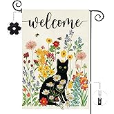 Baccessor Spring Summer Black Cat Garden Flag Double Sided 12.5 x 18 Inch Burlap with Clip and Stopper,Floral Flowers Welcome Flag Front Yard Lawn Seasonal Farmhouse Outside Outdoor Decoration