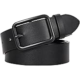 WERFORU Women Classic Black Leather Belt With Square Silver Buckle For Jeans Pants,1.3" width