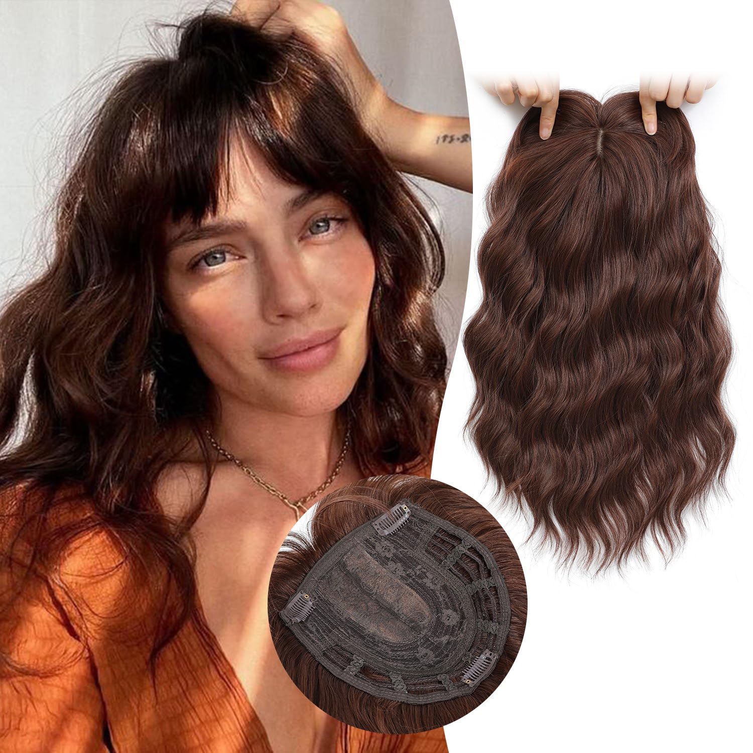 Photo 1 of Molefi 14inch Hair Toppers for Women,Hair Topper with Bangs Large Base Hair Toppers for Women with Thinning Hair Synthetic Curly Hair Topper Auburn Brown Wiglets Hair Pieces for Thinning Hair
