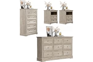 KIGOTY Dresser Bedroom Set of 4, 4 PCS Farmhouse Dressers Set, Included 53 Inch 9 Drawer Dresser, 5 Drawer Dresser and Nightstand Set of 2 with Charging Station,Bedroom Furniture Set (Gray)
