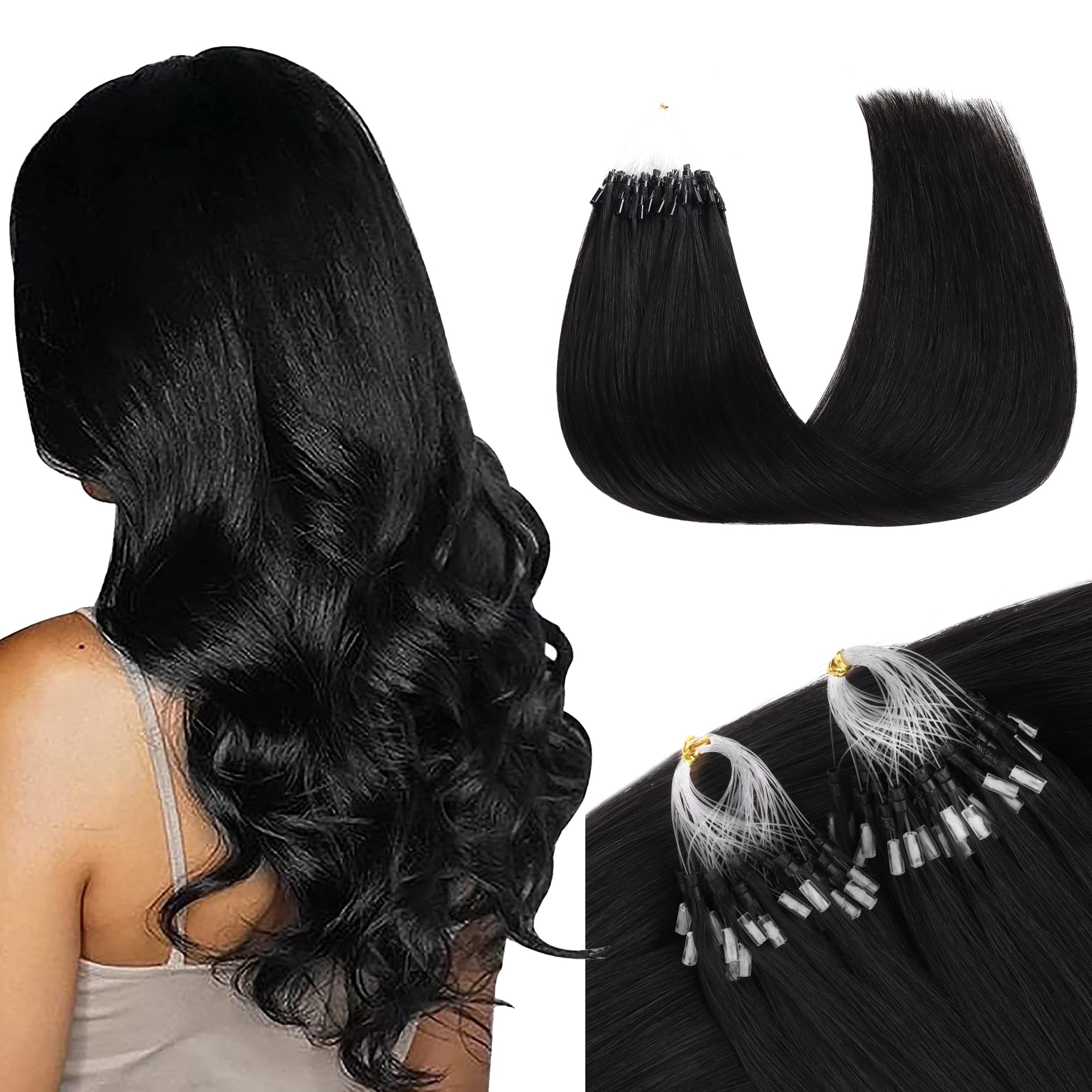 GOO GOO Micro Loop Hair Extensions Real Human Hair, Jet black 50g 14inch 50 Strands Cold Fusion Micro Bead Extensions — image 1