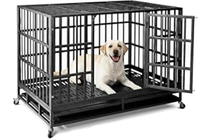 NUGRIART Escape-Proof Heavy Duty 48" Dog Crate, Indestructible Steel Kennel for Large & High-Anxiety Dogs with 300Lbs Capacity, Double Door Design with 4 Locking Wheels and Reinforced Baseplate.