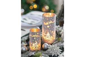 Romadedi Christmas Candle Holders Centerpiece - 2 Pcs Hurricane Glass Pillar Candle Holder with Snow House Reindeer Decor for Table Centerpieces Fireplace Dining Room Xmas Gift