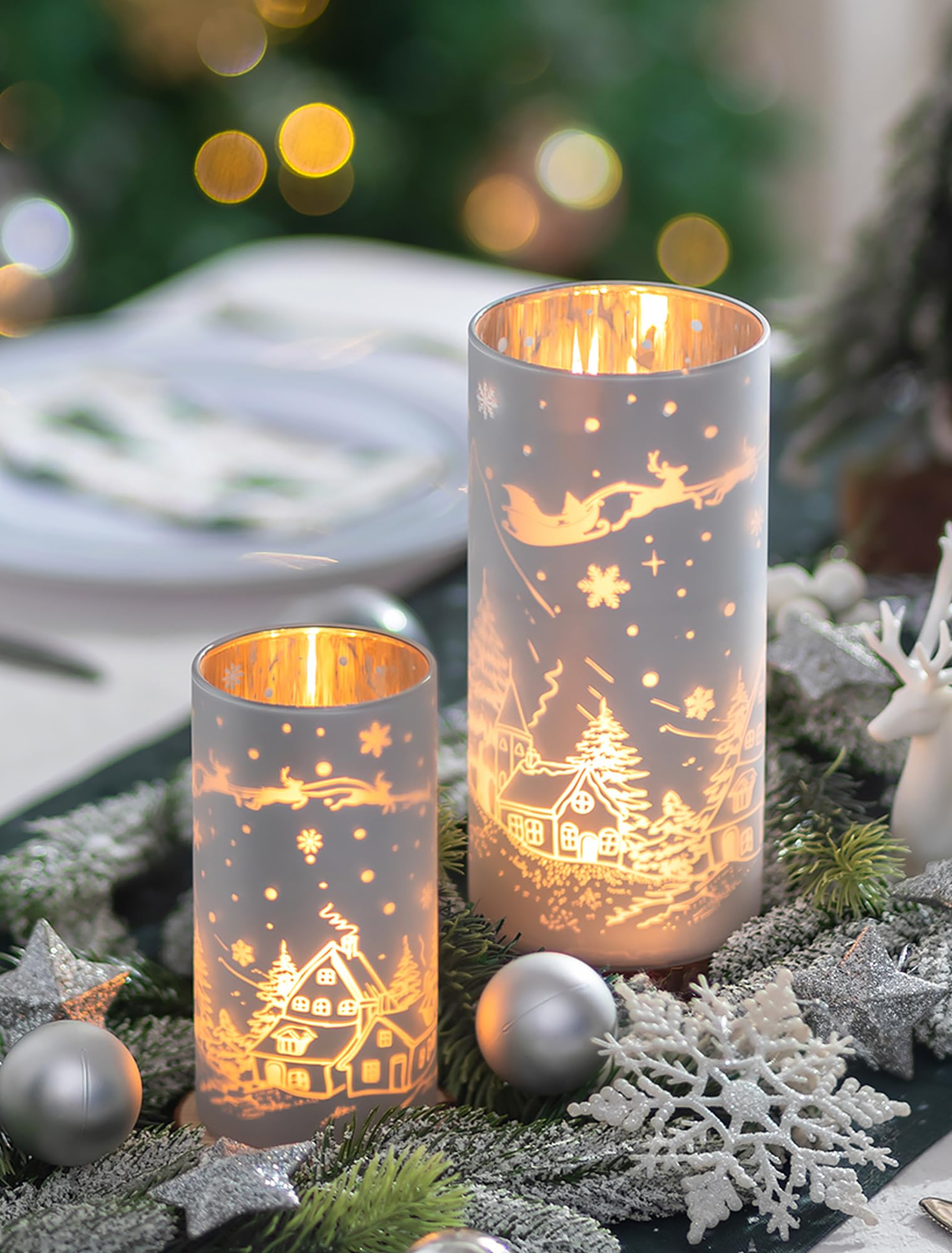 Photo 1 of Romadedi Christmas Candle Holders Centerpiece - 2 Pcs Hurricane Glass Pillar Candle Holder with Snow House Reindeer Decor for Table Centerpieces Fireplace Dining Room Xmas Gift