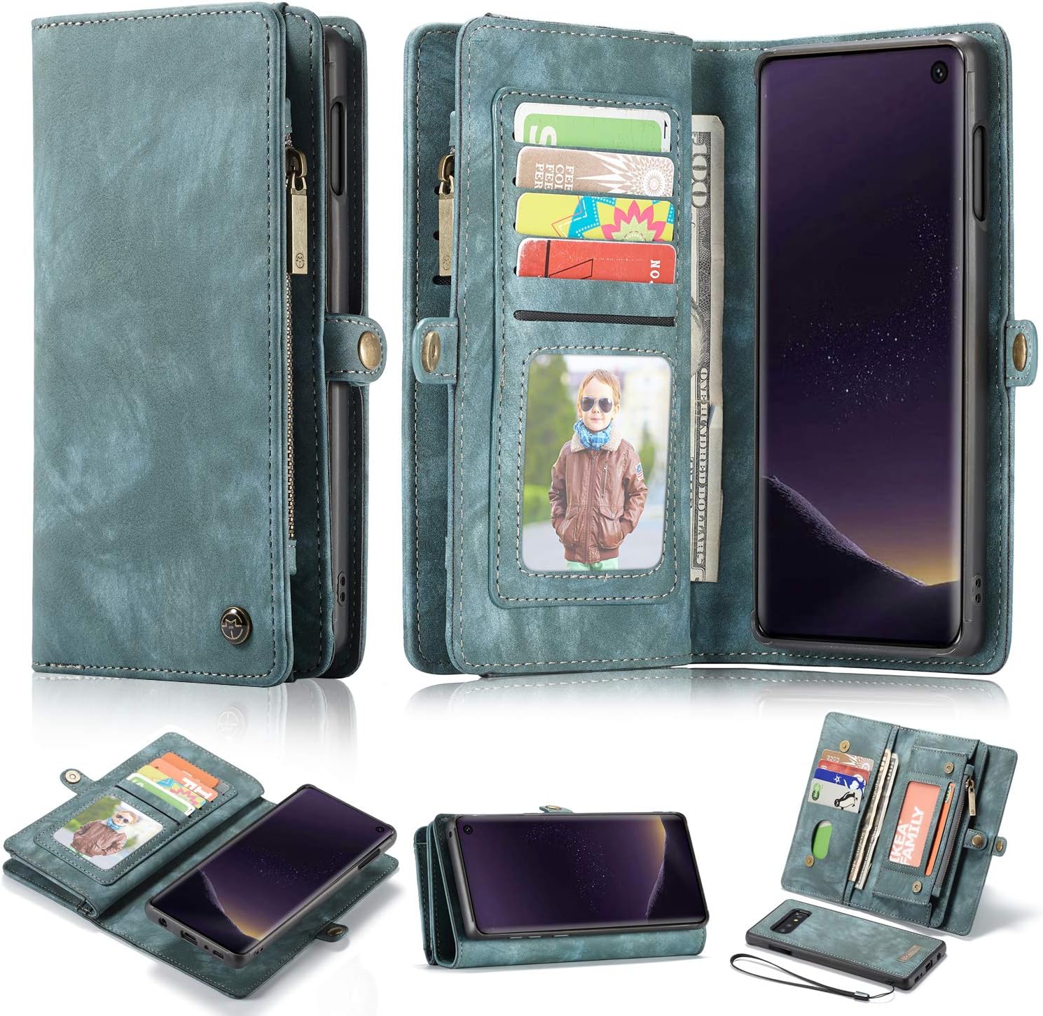 Wallet Case for Galaxy S10 /S10 Plus,AKHVRS Handmade Premium Cowhide Leather Wallet Case,Zipper Wallet Case [Magnetic Closure] Card Slots & Detachable Magnetic Case for Samsung Galaxy S10 Blue
