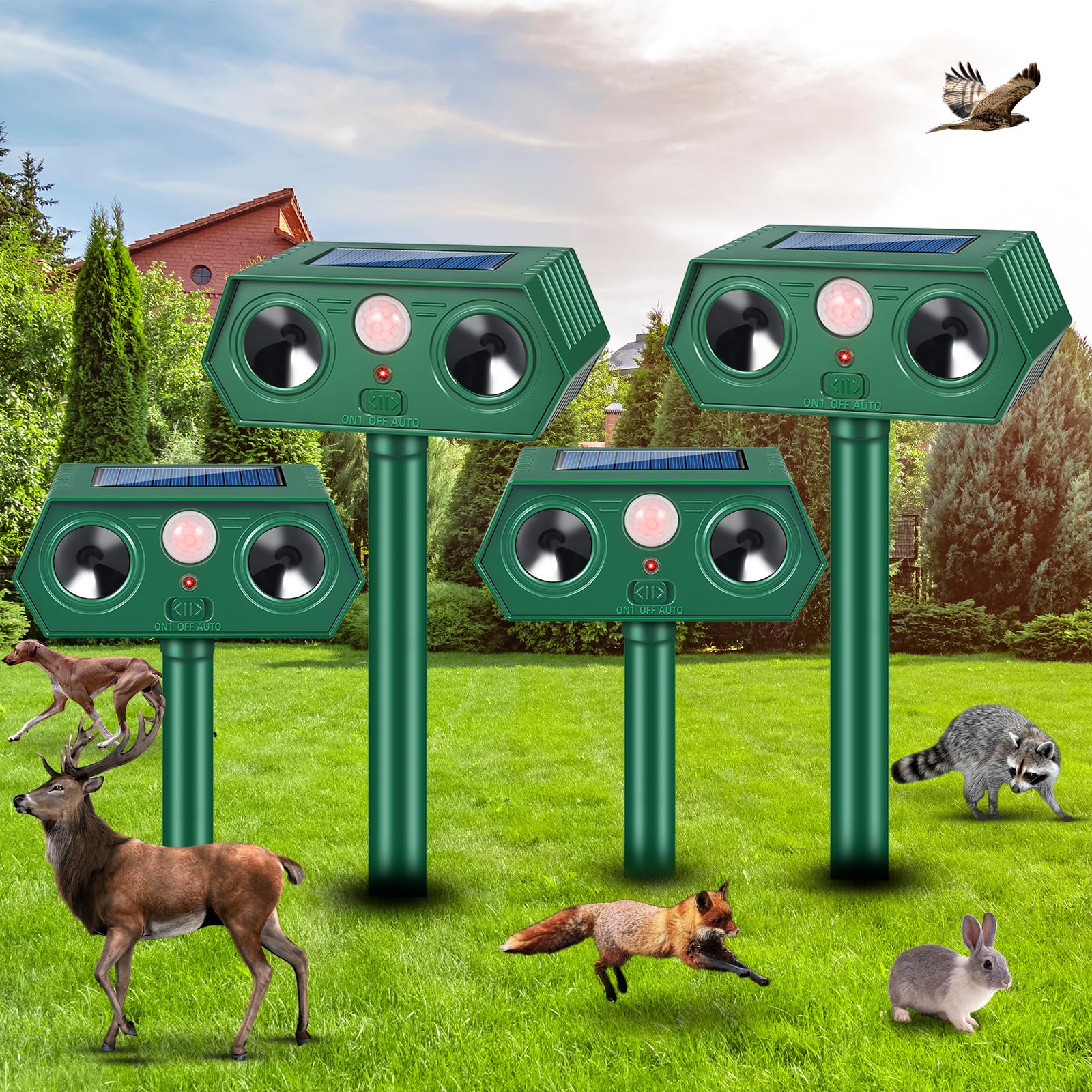 Photo 1 of 2025 Upgraded Solar Animal Repellent,Ultrasonic Animal Repeller Outdoor with Motion Sensor Cat, Squirrel, Deer, Dog, Raccoon, Skunk, Rodent,Rabbit Repellent for Yard, Garden, Lawn,4 Pack