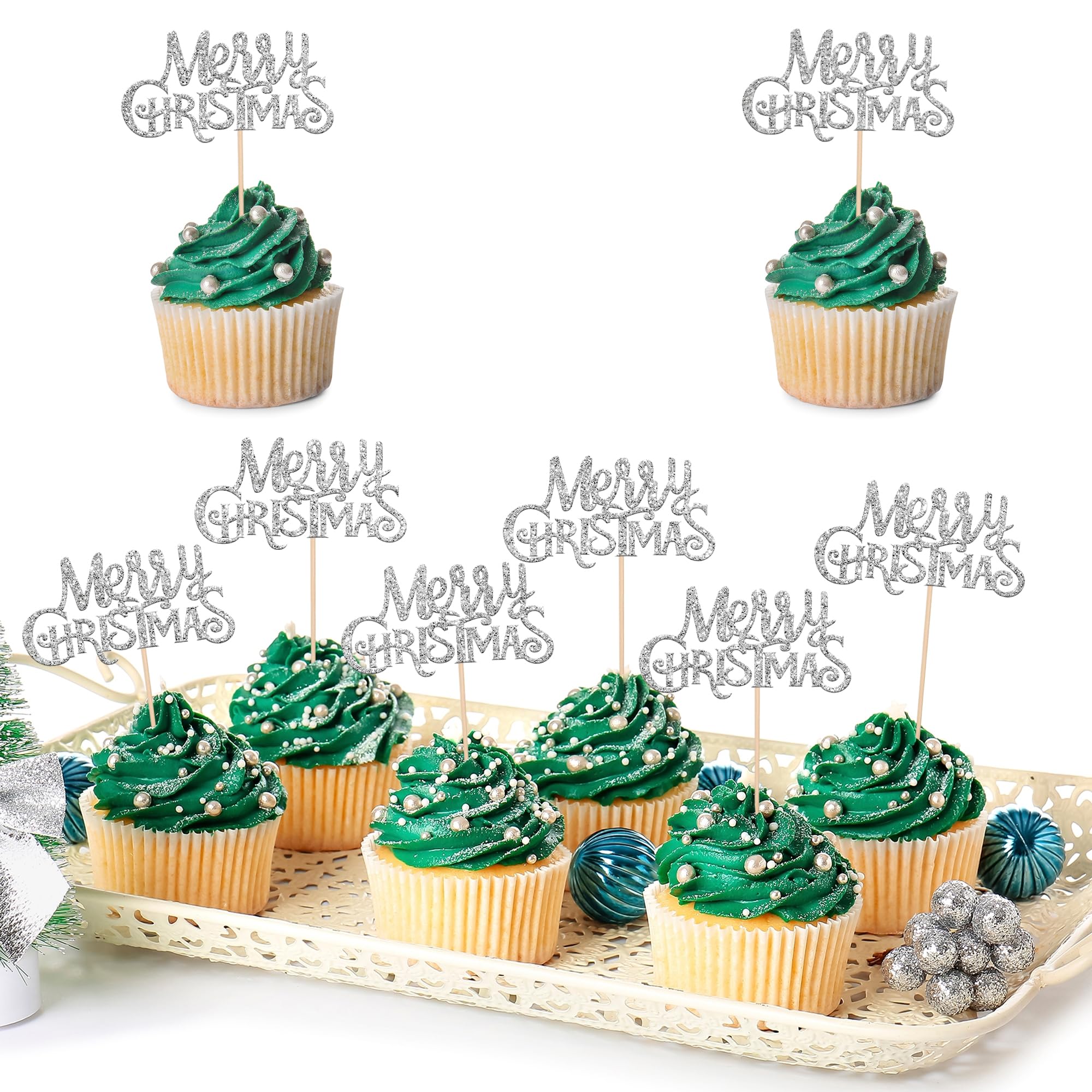 SYKYCTCY 24 Pack Silver Merry Christmas Cupcake Toppers Glitter Christmas Holiday Cupcake Picks Merry Christmas Xmas Theme Party Cake Decorations Supplies