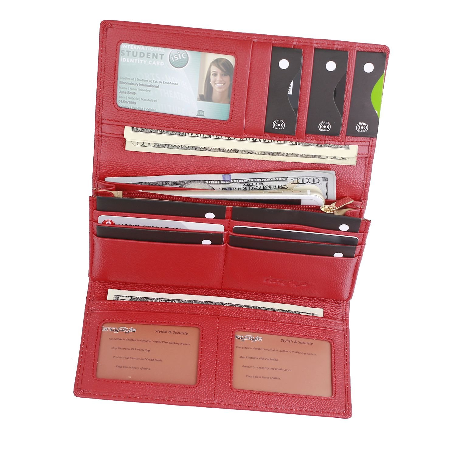 RFID Wallets for Women Leather Trifold Long Large Travel Clutch Purse with 10 Sleeves Red