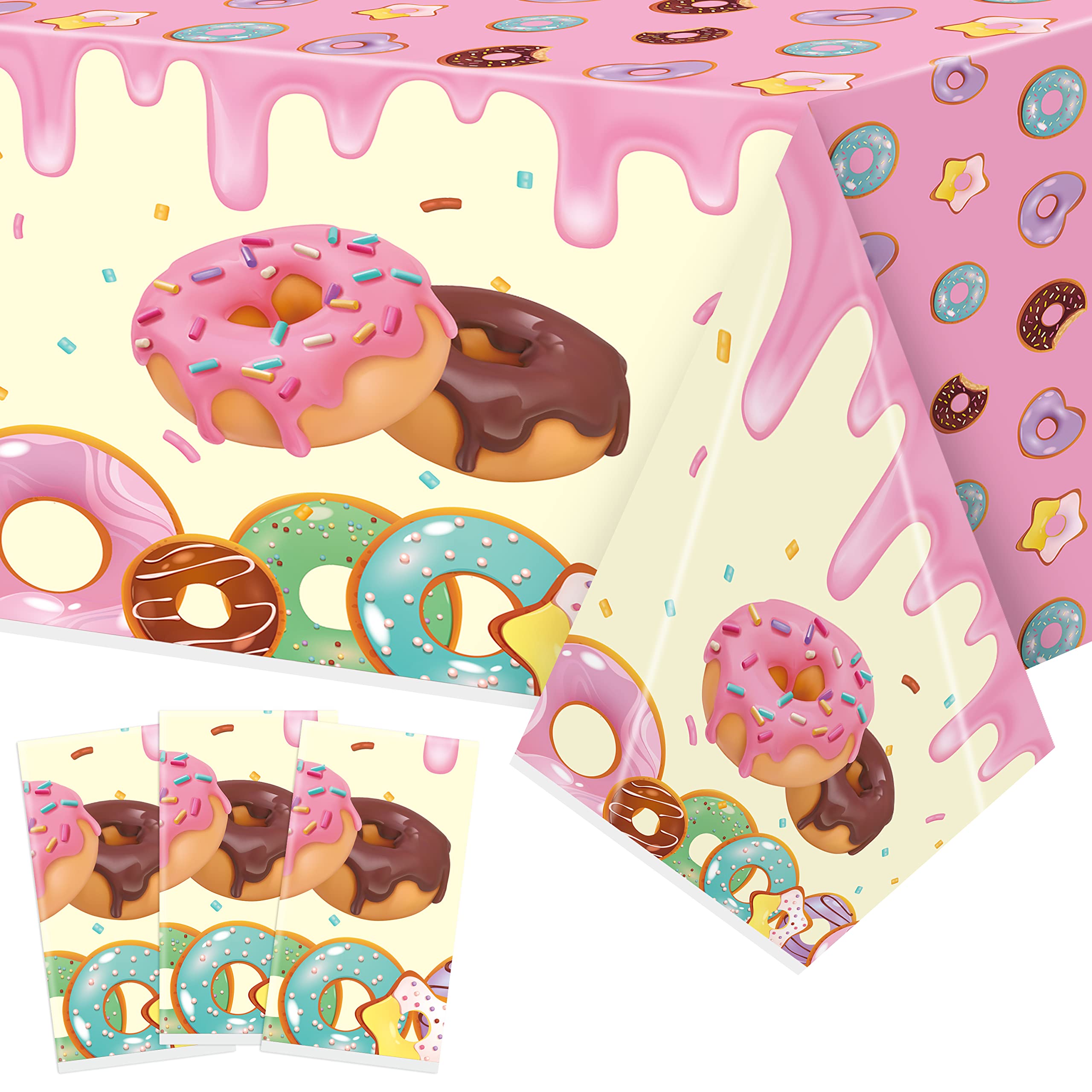 BkeeCten 3 Packs Donut Theme Pink Tablecloths Decoration Disposable Waterproof Cute Dessert Table Covers for Baby Shower Party Kids Birthday Dessert Time Table Decors Picnic Party Favor Supplies
