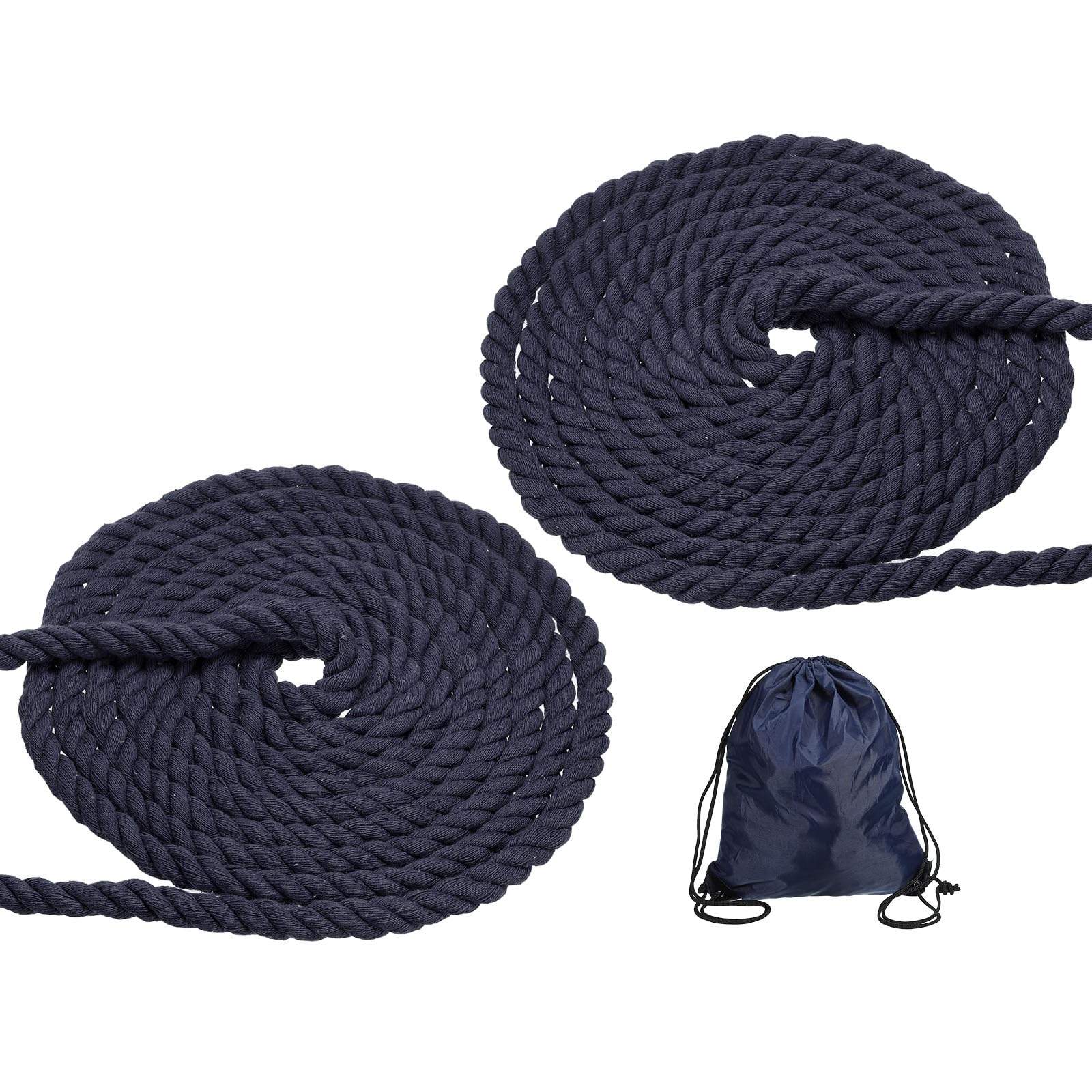 PATIKIL 1/2"x16' Natural Twisted Cotton Rope, 2 Pack 3 Strand Soft Craft Rope with Drawstring Bag for Craft Railings Home Decor, Navy Blue