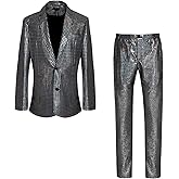 Men's 70s Disco Outfit Sequin Suit Set Metallic Shiny Jacket Slim Fit Pants Party Costume