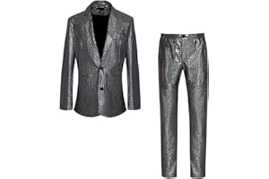 CARUHIF Men's 70s Disco Outfit Rainbow Suit Sequin Jacket and Pants Halloween Party Costume