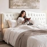 Iroomy Upholstered Queen Headboard, Button Diamond Tufted Headboard with Adjustable Height and Solid Wood Leg, Velvet Padded Headboards for Queen Size Bed, Modern Head Board, White