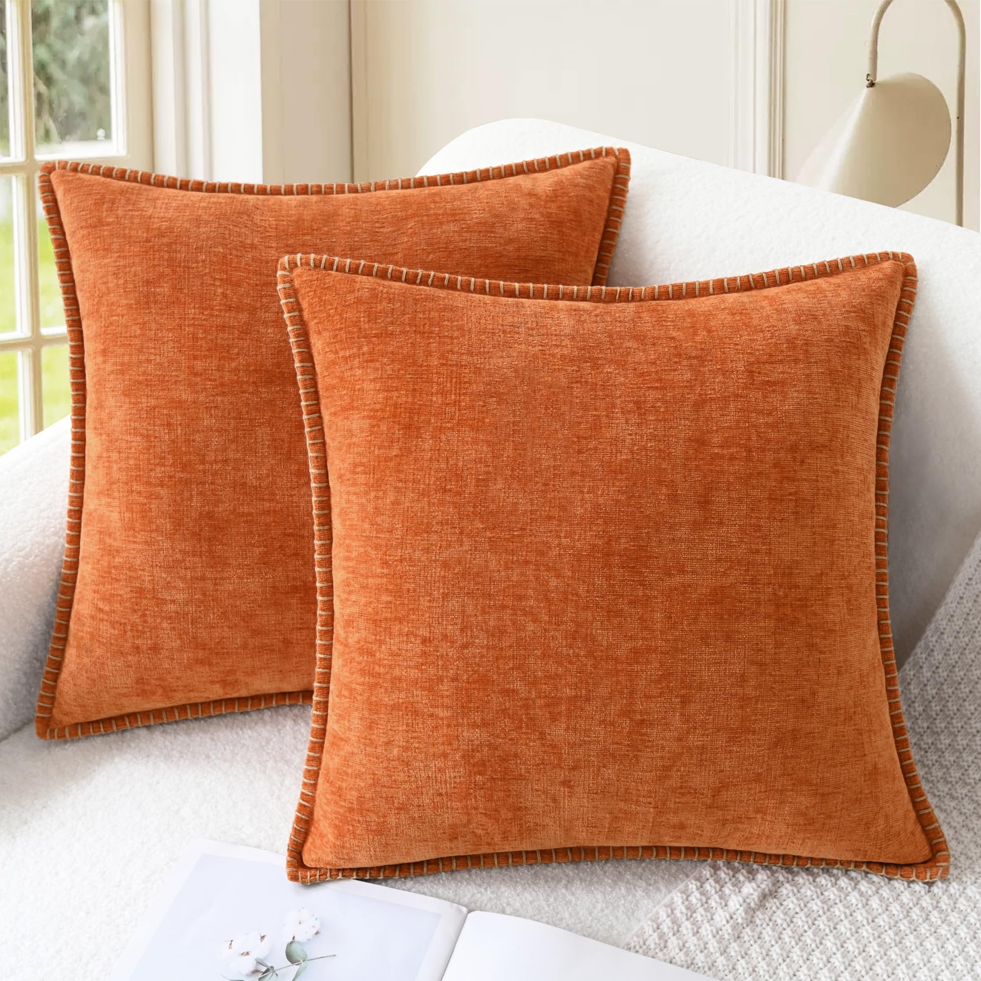 Photo 1 of CaliTime Fall Throw Pillow Covers Decorative 16 X 16 Inches Pack of 2 Cotton Thread Stitching Edges Solid Dyed Soft Chenille Cushion Cases for Couch Sofa Bed Living Room Farmhouse Burnt Orange