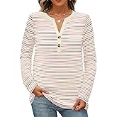 MEROKEETY Women's Fall Long Sleeve Striped Henley Tops V Neck Dressy Casual Loose Shirt 2025 Trendy Blouse