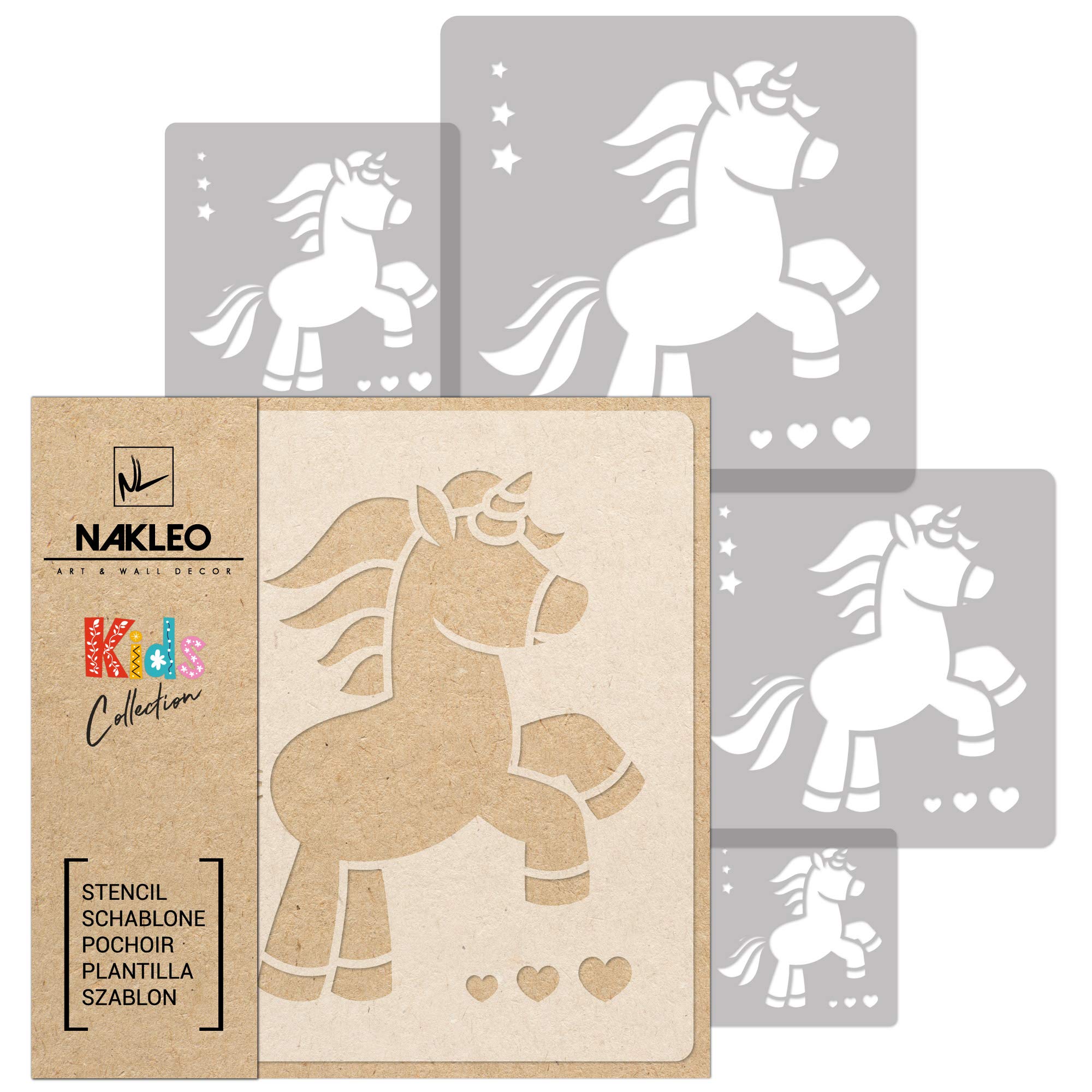 NAKLEO 5 pcs Reusable Plastic Stencils - Unicorn Fairytale Magic 2-34x34cm to 9x9cm - Pattern Children Kids Painting Template Room Decor - Craft DIY Wall Furniture