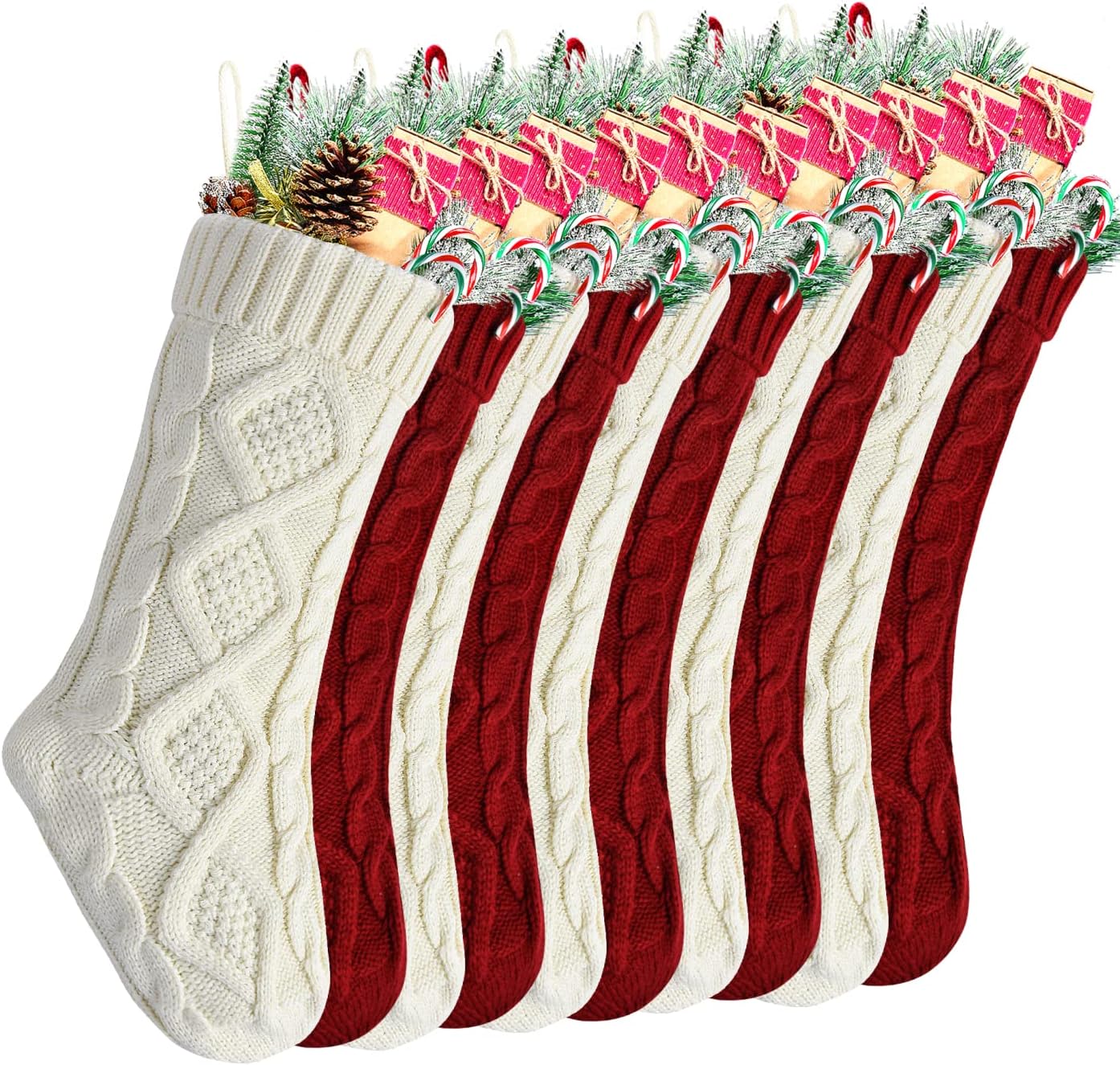 Stockings & Holders - Kunyida Christmas Stockings Bulk, Large 18 Inch Burgundy and Ivory Cable Knit Stocking for Xmas Holiday Decoration, 10 Pack