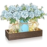BLEUM CADE Centerpiece Table Decorations - 3Pcs Hydrangea Artificial Flowers in Mason Jars with Wood Tray for Dining Table Coffee Table Farmhouse Room Decor