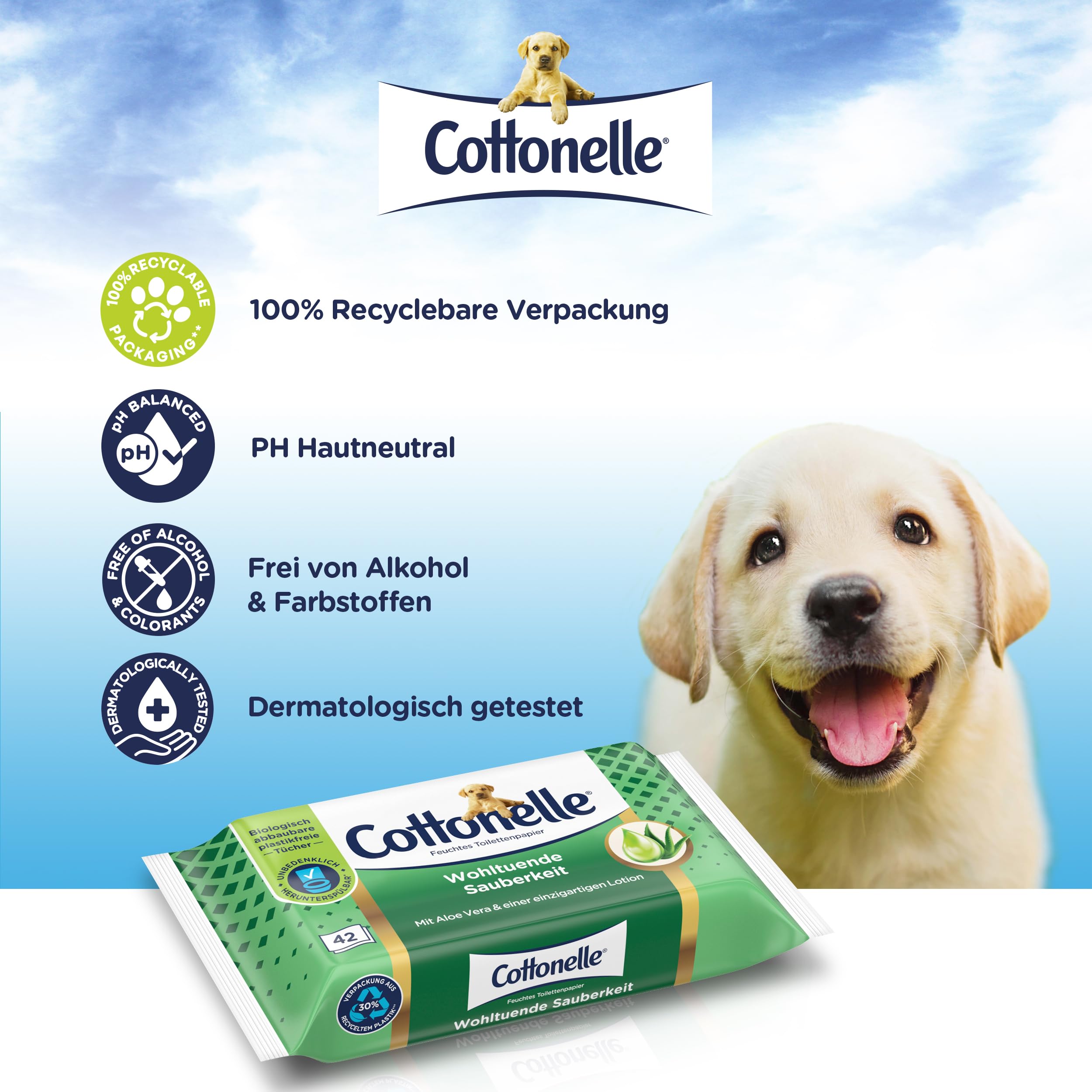 Cottonelle Feuchtes Toilettenpapier, Wohltuende Sauberkeit, Mit prebiotischer Lotion, Biologisch Abbaubar, Plastikfrei, Wiederverschließbar, 12 x 42 Feuchttücher 8