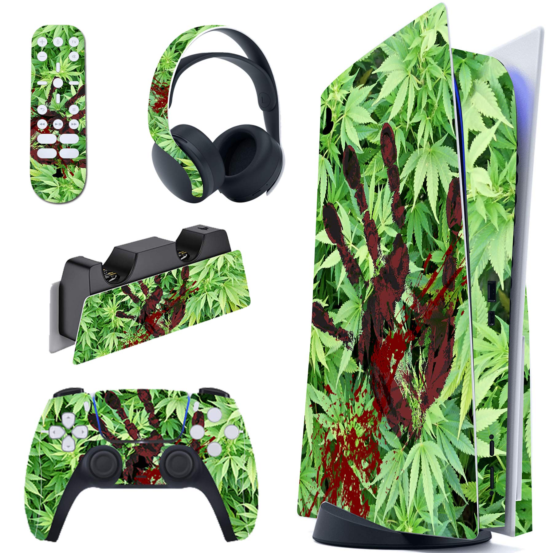 playvital Blood Handprint Weeds Full Set Skin Decal for ps5 Console Disc Edition, Sticker Vinyl Decal Cover for ps5 Controller & Charging Station & Headset & Media Remote
