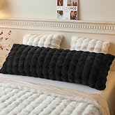 LIFEREVO Fluffy Faux Rabbit Fur Body Pillow Cover 20"x54", Black | Luxury Bubble Waffle Plush Bed Pillowcase with Hidden Zipper, Washable Fuzzy Long Pillow Case for Adults Kids Girls Teens