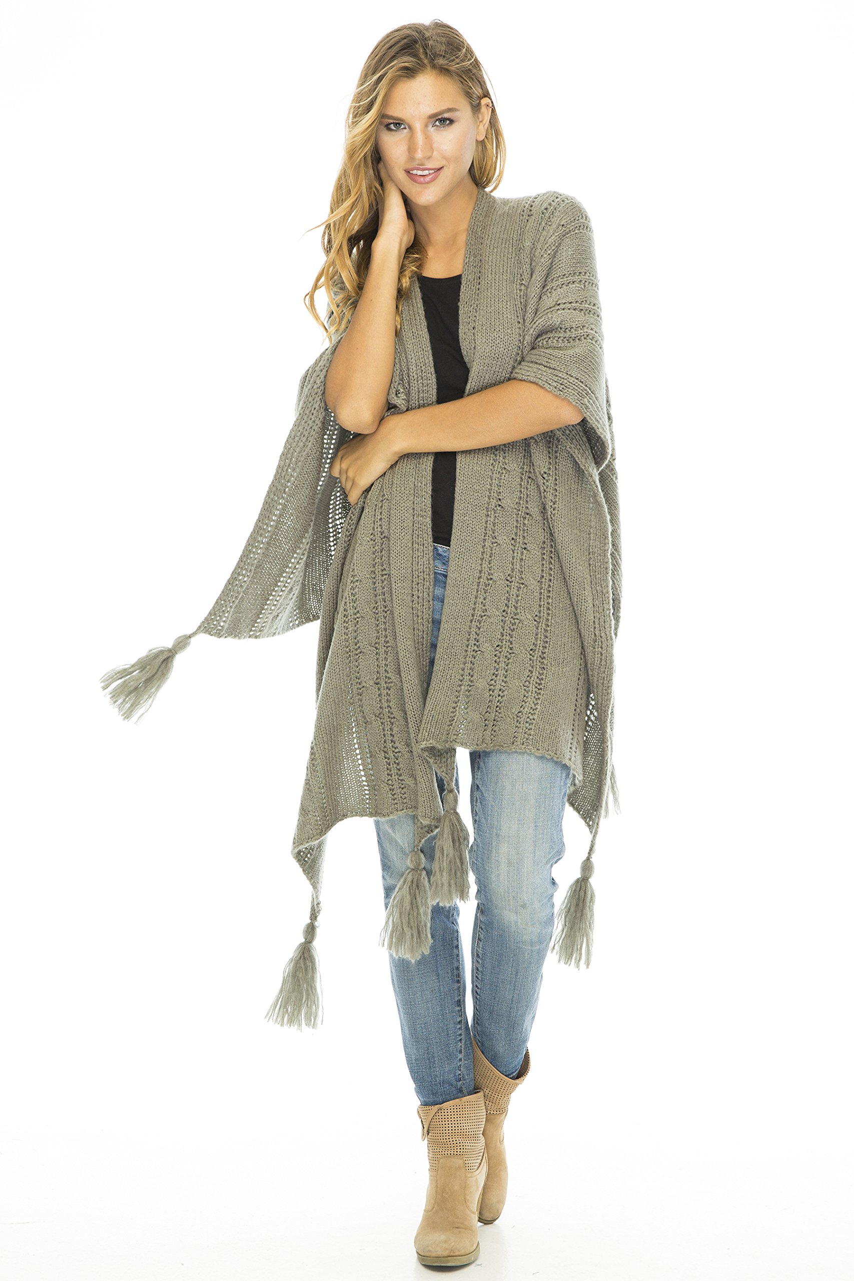 Back From Bali Womens Cable Knit Wrap Shawl Poncho Sweater Boho Long Soft Tassel Fringe Back From Bali Womens Cable Knit Wrap Shawl Poncho Sweater Boho Long Soft Tassel Fringe
