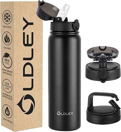 OLDLEY 1L Stainless Steel Water Bottle with 3 Lids Leakproof Vacuum Flask