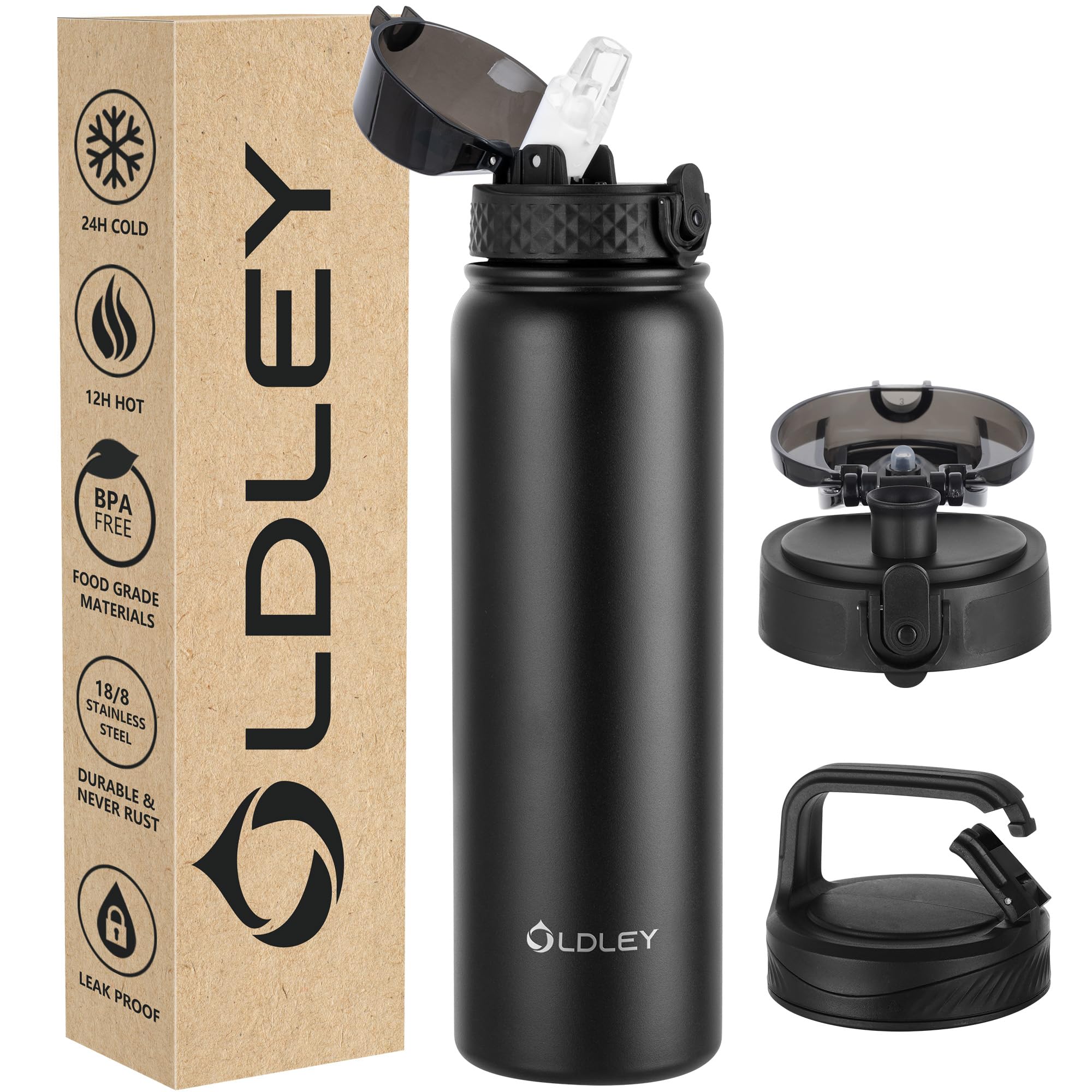 OLDLEY Stainless Steel Water Bottle with Straw 1L Vaccum Insulated Large Drink Flask Metal Water Bottles 1 Litre Leakproof Keep Drinks Hot Cold for Bike Sports Gym with Different Lids(Black, 3 Lids)