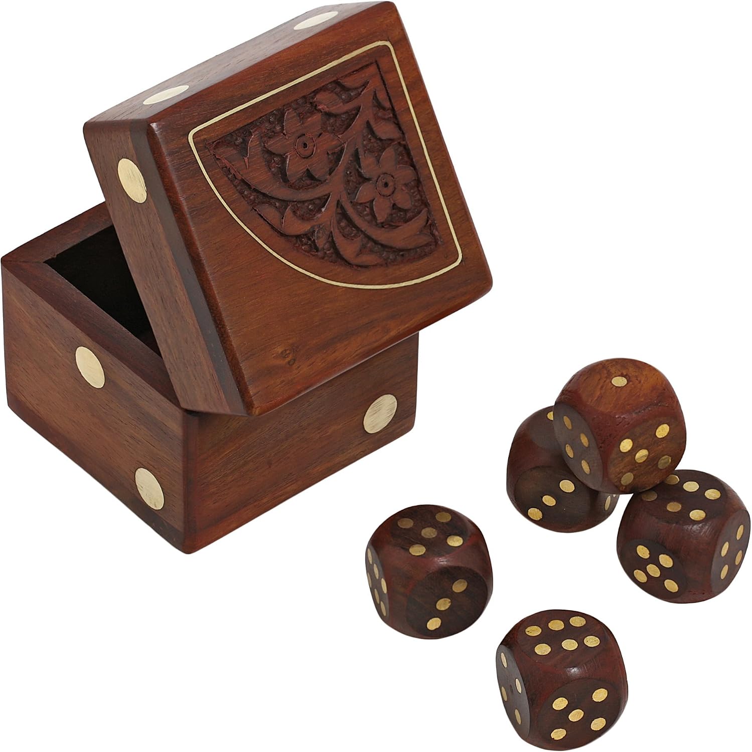 Ajuny Handmade Floral Pattern Engraved Wooden Game Dice Box With Five Wood Dices Size 2.5x2.5x2.5 Inches - Image 5