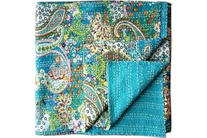 Rajasthaniartdecor Vintage Handmade Kantha Quilt Indian Traditional Bed Cover Throw Paisley Printed Kantha Quilts (Turquiose Color, Twin (60x90 Inch))
