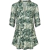 Ninedaily Women's 3/4 Sleeve Plaid Shirts Zip Floral Casual Tunic Blouse Tops