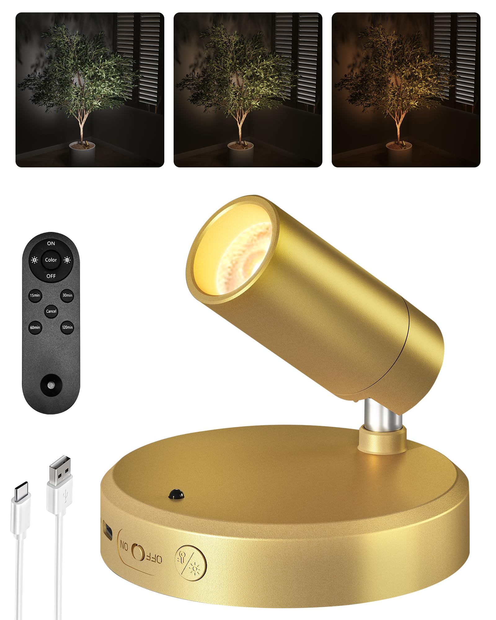 Photo 1 of EZVALO LED Spotlight Indoor, 5500mAh Rechargeable Battery Picture Lights, Wireless Mini Art Accent Spot Lights with Remote, Uplighting Indoor for Plants Display Painting Artwork Portrait (1Pack-Gold)