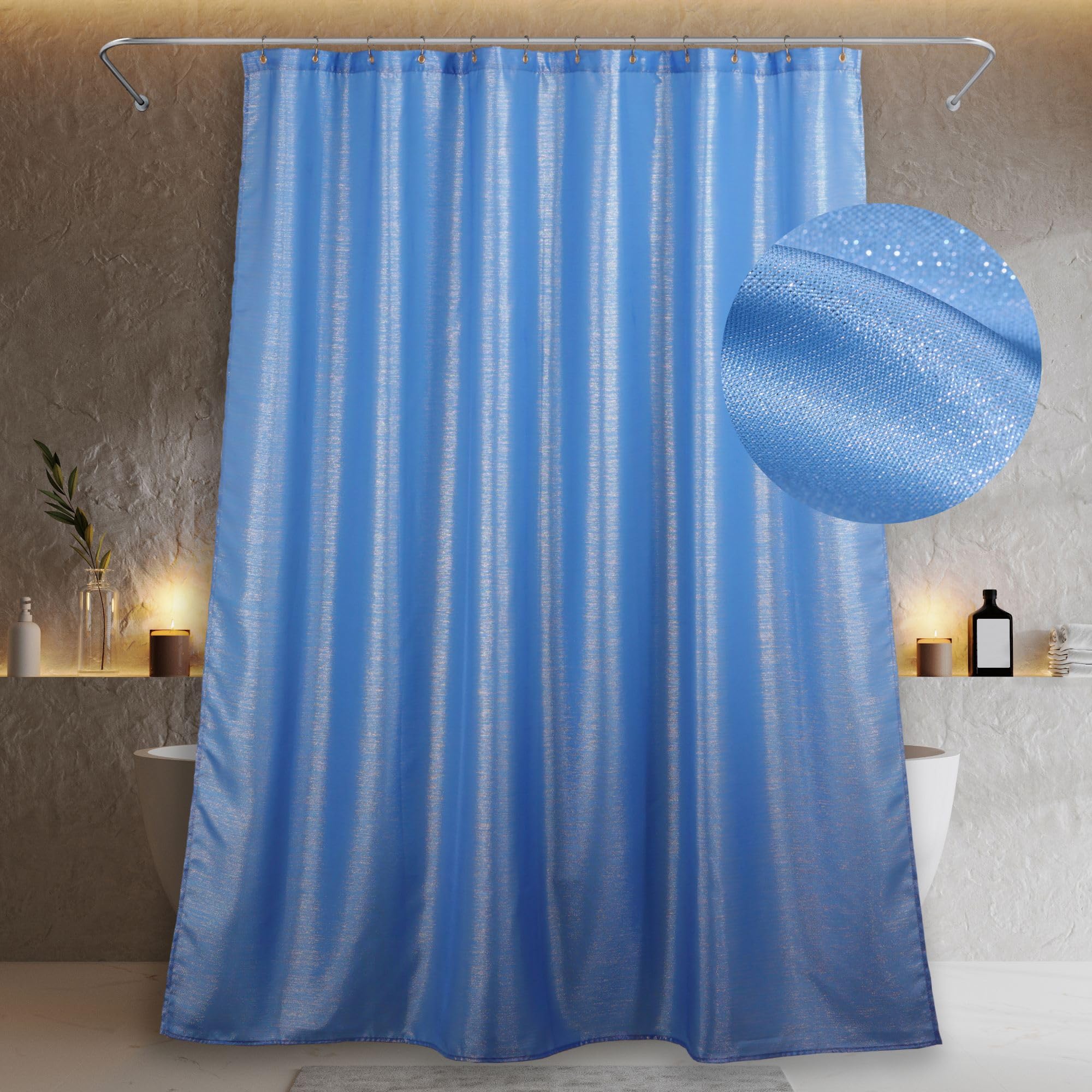 Popkozzi Blue Glitter Shower Curtain: Sparkle Bling Shiny Metallic Shimmer Shower Curtains for Bathroom - Anti Mould Water Repellent Washable Shower Curtain for Wet Room- 183 x 200cm Drop