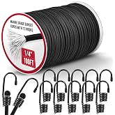 Marine Grade Heavy Duty Bungee Cord Roll with 12 Hooks - Black Elastic Shock Cord Kit for Kayak Deck, Outdoor Camping, Tarp Tie Downs, Bike Rack, DIY Assorted Bungee Ropes (1/4" x 100ft)