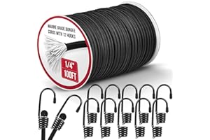 NXPPYY Marine Grade Heavy Duty Bungee Cord Roll with 12 Hooks - Black Elastic Shock Cord Kit for Kayak Deck, Outdoor Camping, Tarp Tie Downs, Bike Rack, DIY Assorted Bungee Ropes (1/4" x 100ft)