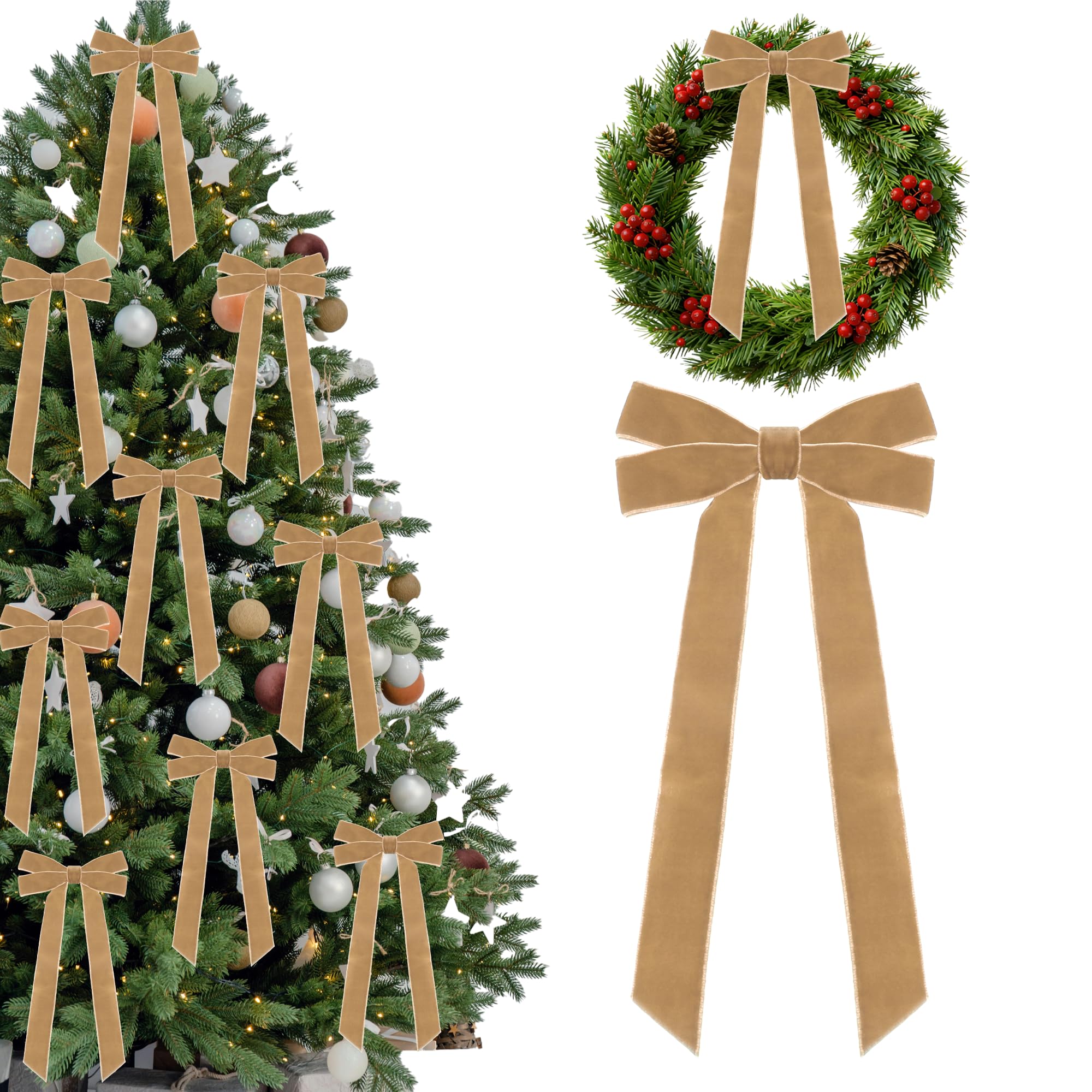 Photo 1 of 15 Pcs Khaki Velvet Ribbon Bows for Christmas Tree 5in x 10in x 1in Vintage Velvet Bows Xmas Ornaments for Christmas Tree Wreath Garland Party Decor (Khaki)