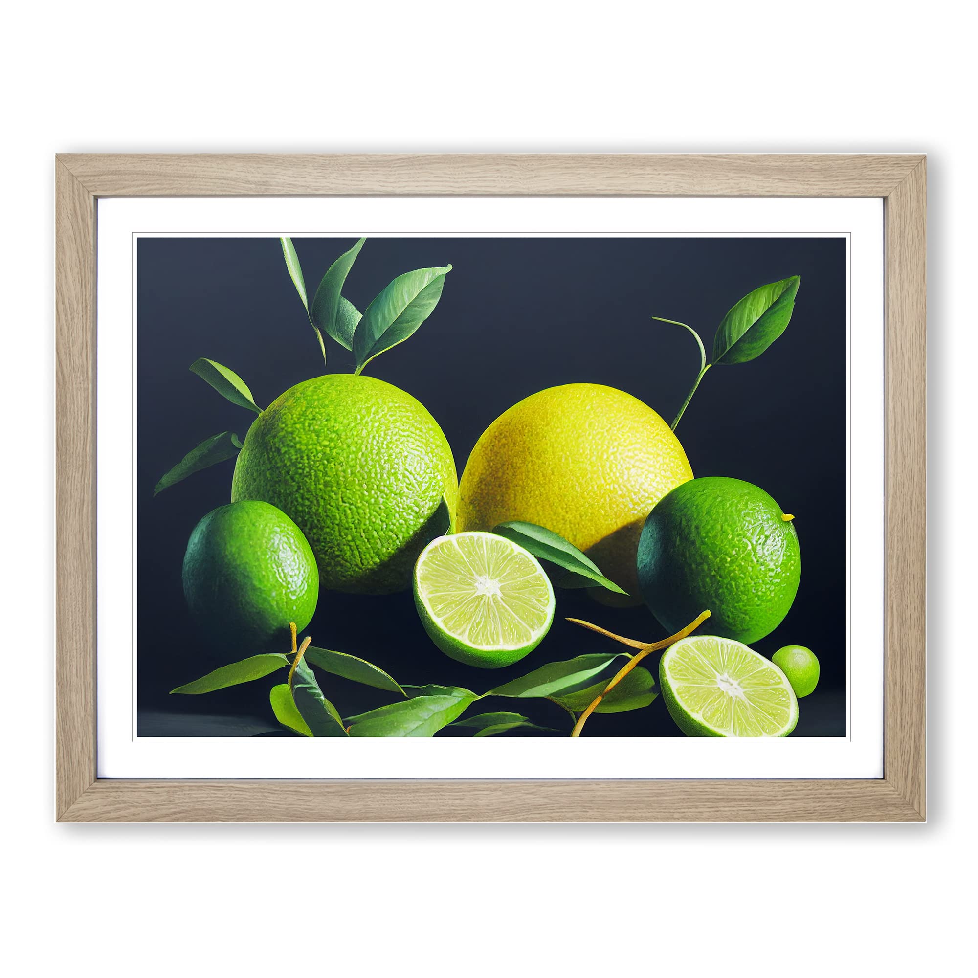 Lemon Lime Citrus Fruits Framed Print | A4 Oak Framed Wall Art | Ready to Hang | Modern Food Picture | Living Room Bedroom Lounge Office