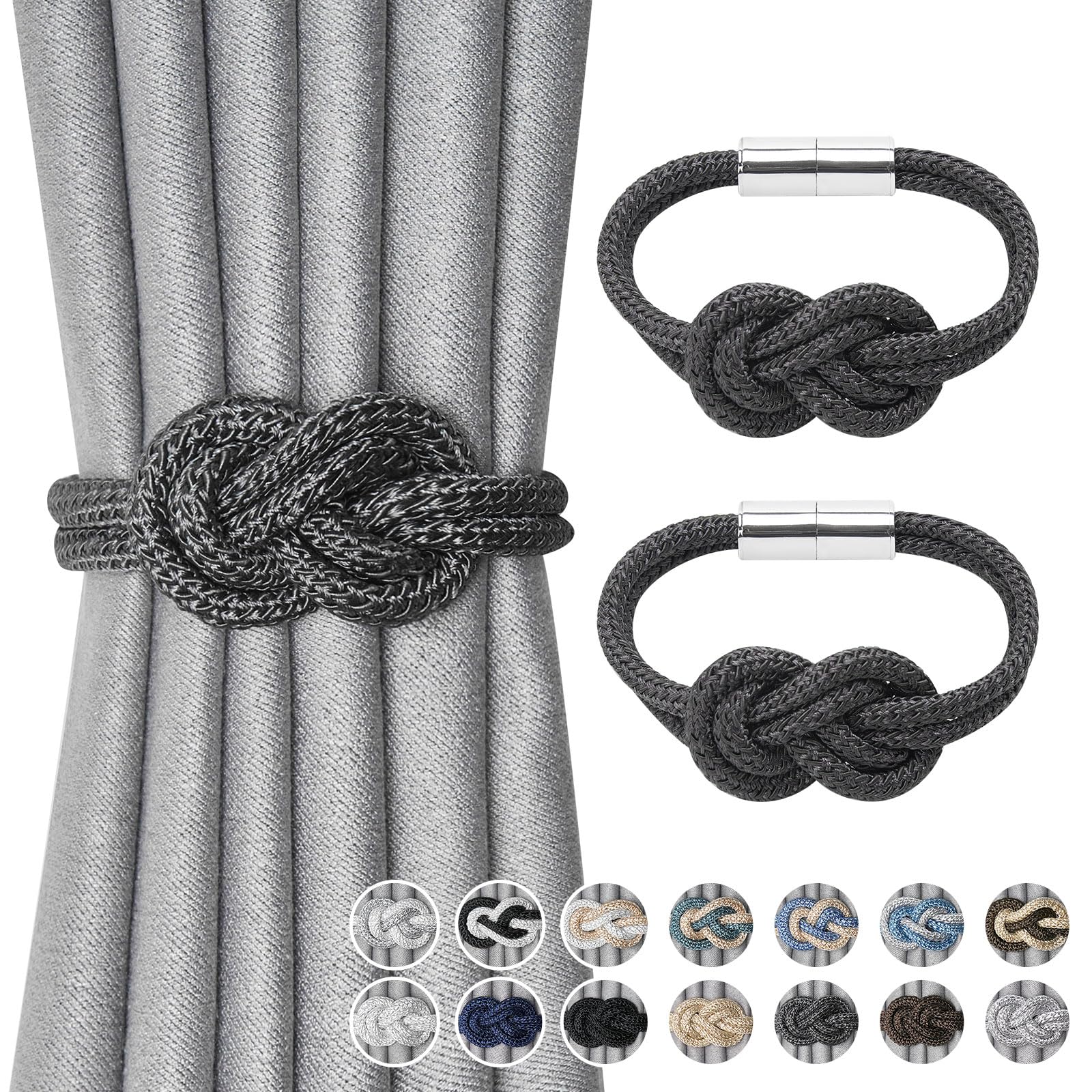Pretty Jolly 2 Pack Mini Magnetic Curtain Tiebacks Nordic Simple Style Drape Tie Backs Elegant Hand Weave Rope Knot Decorative Curtain Holdbacks for Home & Office Window Drapery (Dark Grey)