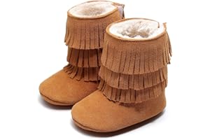 HONGTEYA Real Leather Fringe Baby Booties for Girls Boys Winter Warm Snow Boots with Tassels Hard Sole Fur Lined Toddler Moccasins Shoes