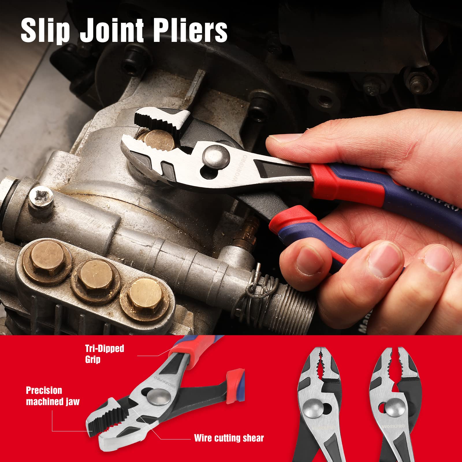 WORKPRO 4-Piece Pliers Set - Premium CR-V Construction Tool Set Including Long Nose, Diagonal Cutting, Groove Joint and Slip Joint Pliers - Red